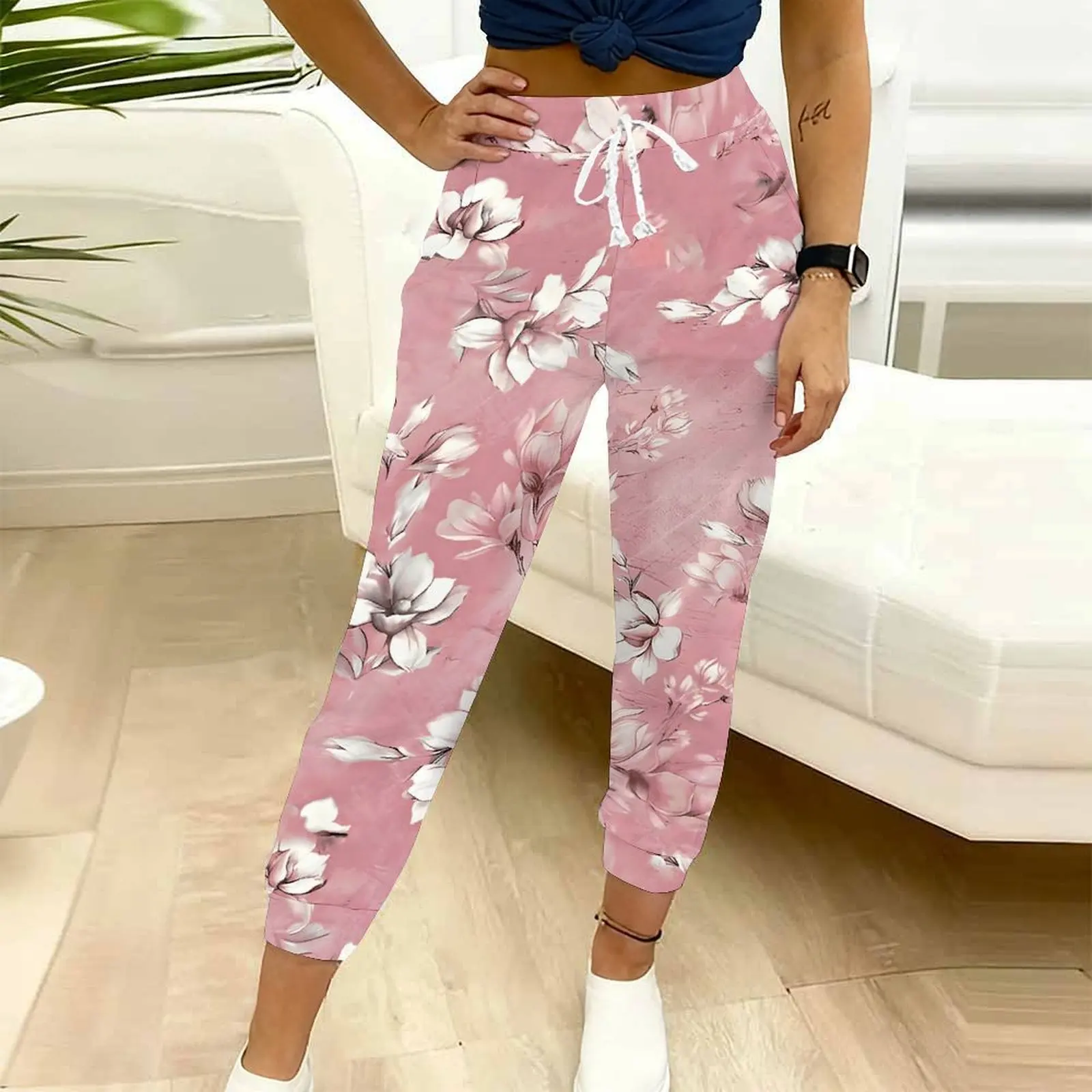 Autumn Winter Women's Fashion Printed Ninth Pants Casual Drawstring Design Pants  Women Casual Sport PantsElegant Pants