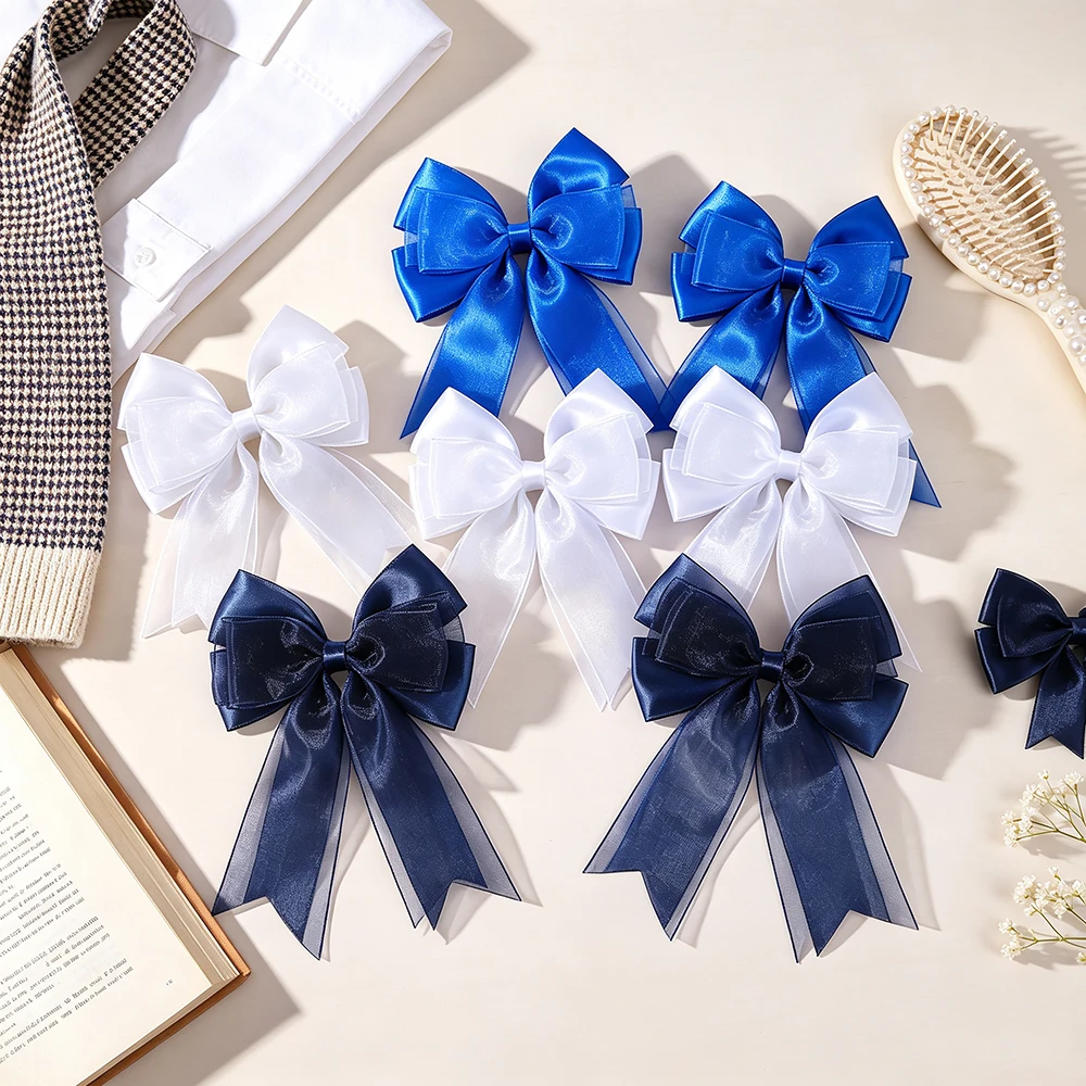 BABY BOWS Satin Organza Long Tail Bow Hair Clips Solid White Navy Royal Blue Streamer Barrettes School Uniform Hair Accessories