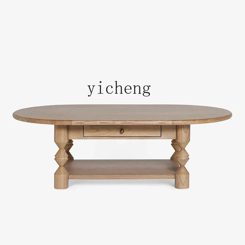 

TQH oval solid wood coffee table French retro log color living room side table double layer coffee table