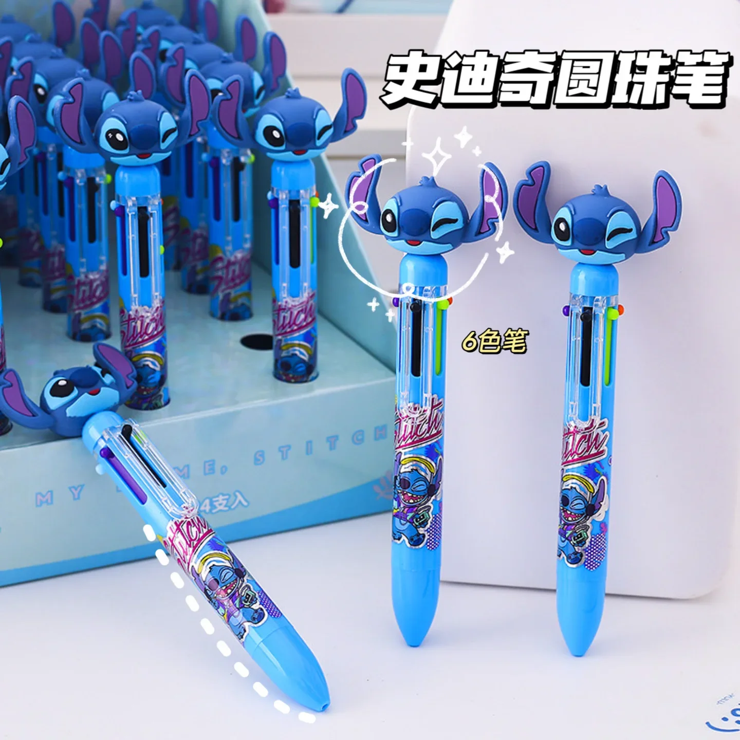 

Disney Stitch 6 Color Ballpoint Pen Cartoon Kawaii Shape Press Ballpoint Pens Notes Colors Mark Kids Stationery School Supplies
