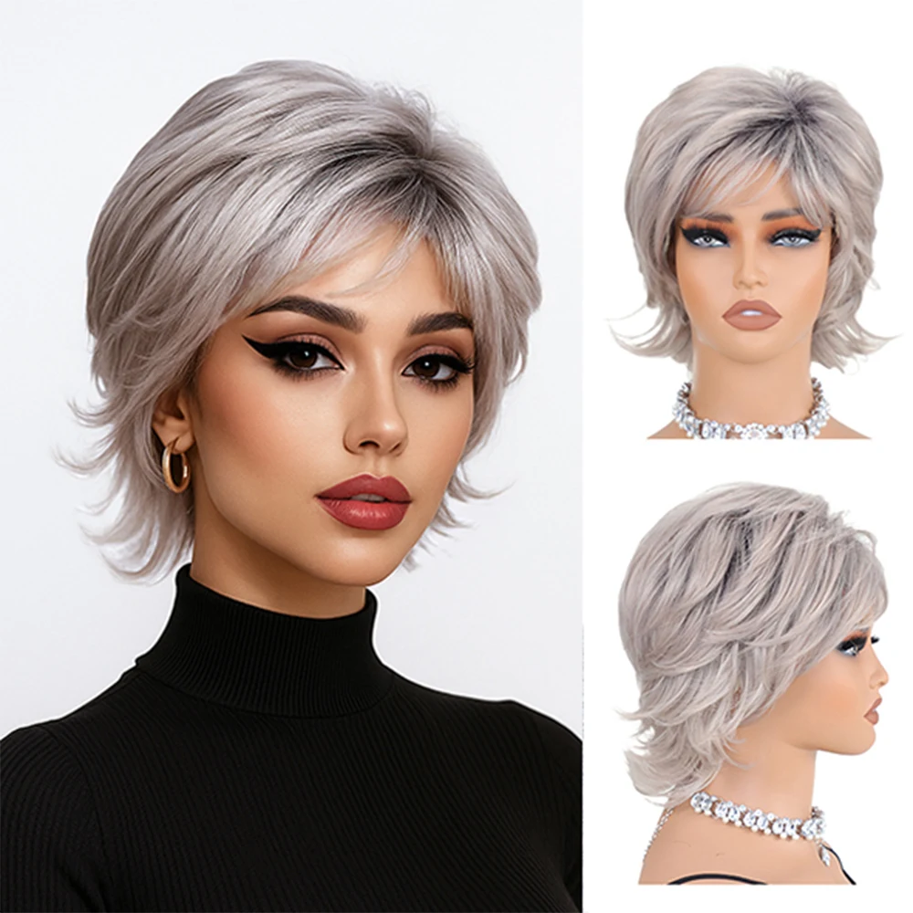 Fashion Silver Gray Short Curly Wig for Women Natural Fluffy Bob Easy to Style Heat Resistant Fiber Wig for Daily Party