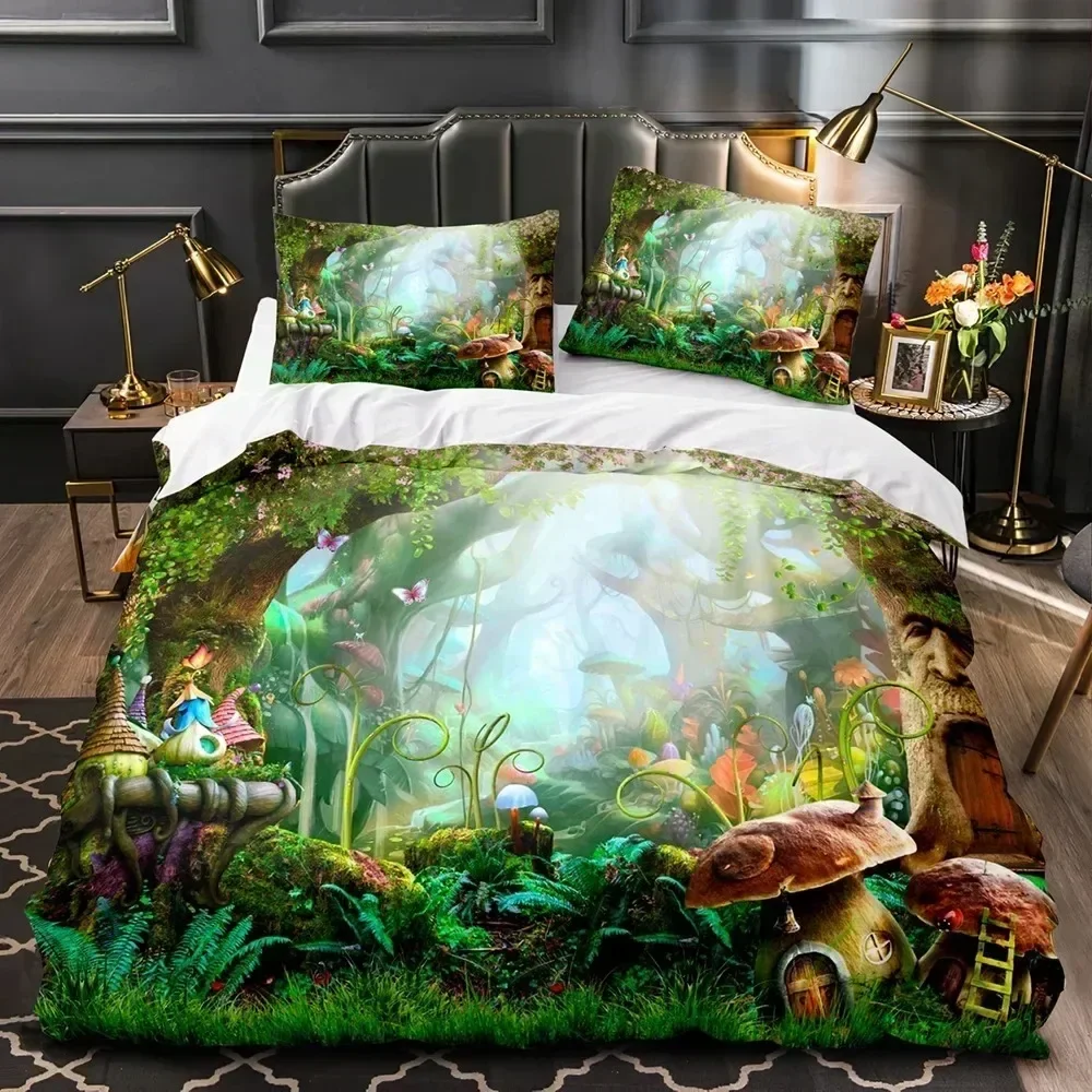 

Mushroom Fairy Forest Duvet Cover Magic Lilliputian Cartoon Fungus Plant Bedding Set Fantasy Garden Polyester Comforter Cover029