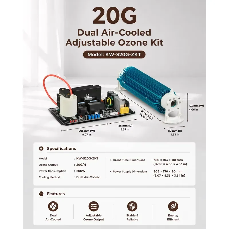 Kewei 20g h Adjustable Ozone Generator Kit Dual Air Cooled Quartz Tube AC 220V for Water Treatment Full Set Industrial Grade
