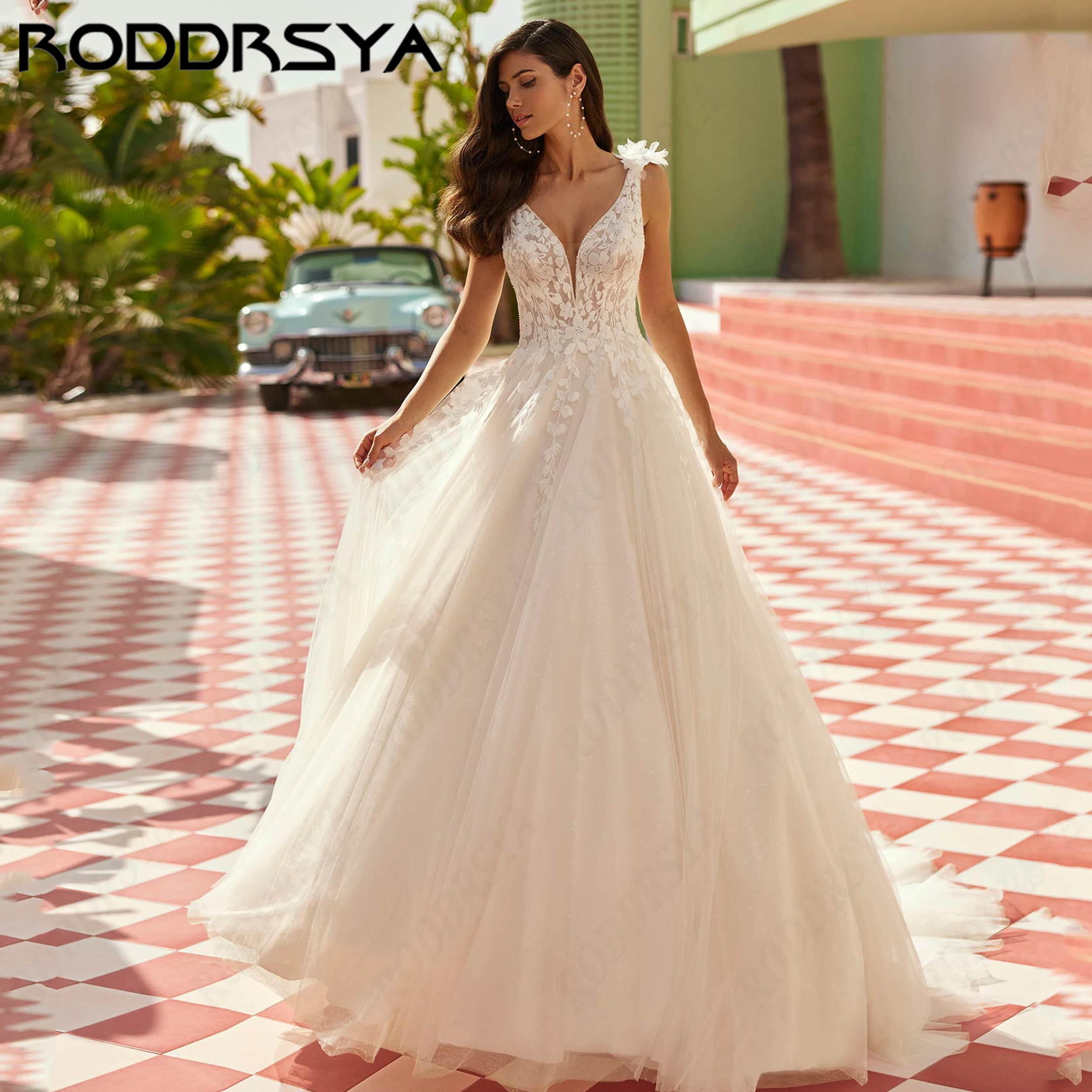RODDRSYA Bohomian Lace Appliques Wedding Gown Customized A-Line V-Neck Bride Dresses Spaghetti Strap Court Train Bridal Dress