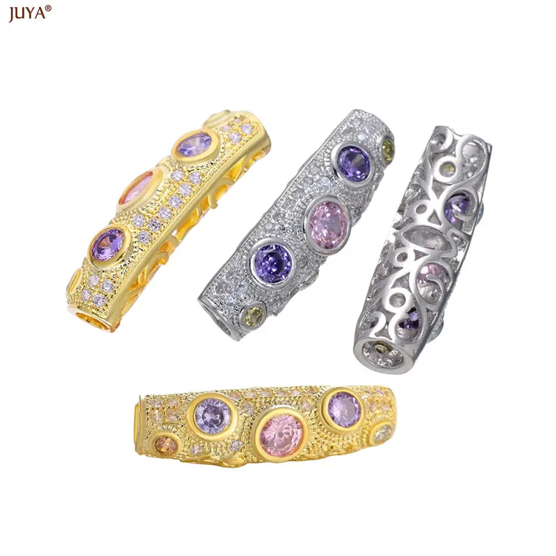 

JUYA Micro Pave Zircon Copper Long Tube Beads Hollow Curved Tube Spacers For DIY Jewelry Making Bracelet Supplies Accessories