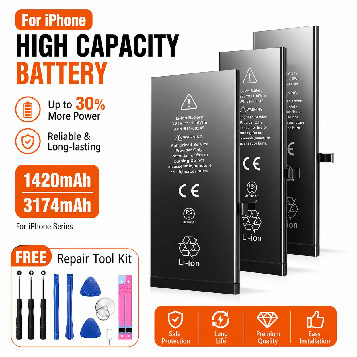 New 0 Cycle High Capacity Phone Battery Replacement, Original Sealed Battery Pack For iPhone 4 to 11 Pro Max All Models
