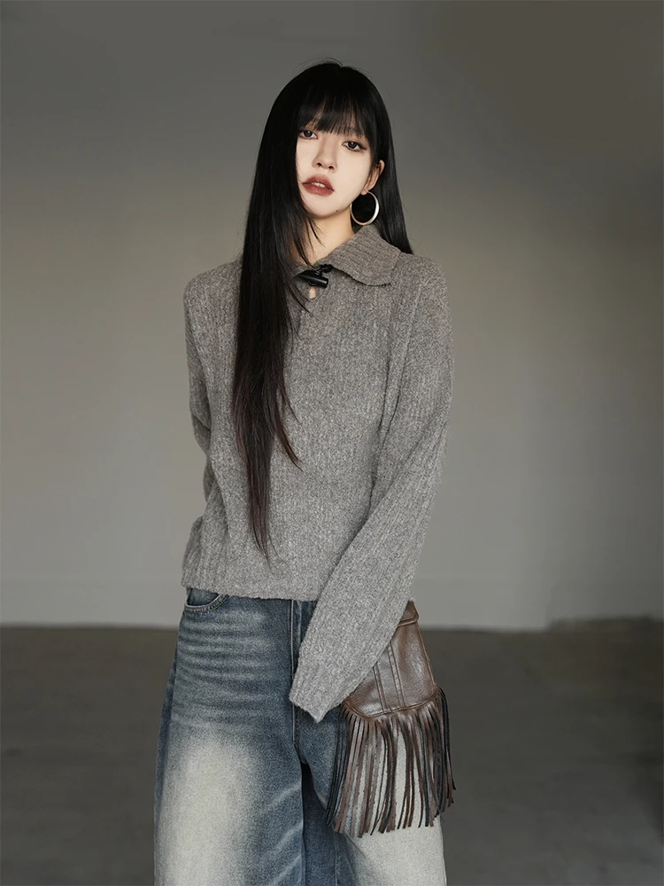 

Retro Button-Up Collar Thiened ort Sweater Women's Autumn Winter New Sle Knitted Base Layer Top Warm Polyester Fiber