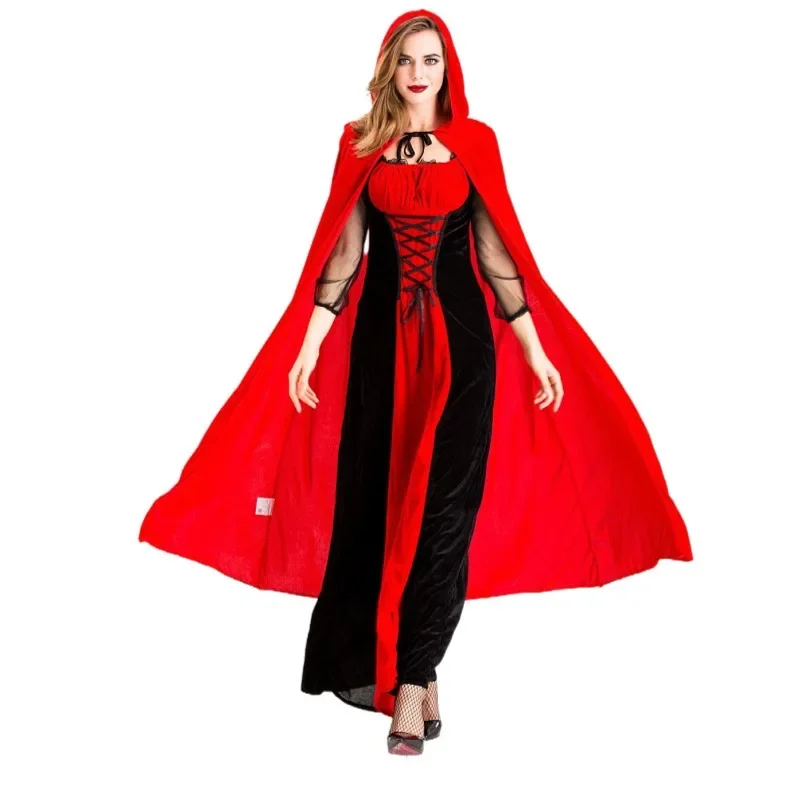 

New Halloween Costume - Nightclub Queen Vampire Cosplay Dress - Red And Black With Cape And Little Red Riding Hood Hat