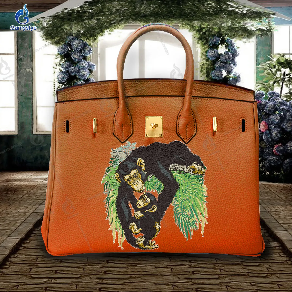 Art Print Happy Two Monkeys Customize Totes Designer Totes Women purses and handbag 100% Real Cowhide Leather Gold Lock Hardware