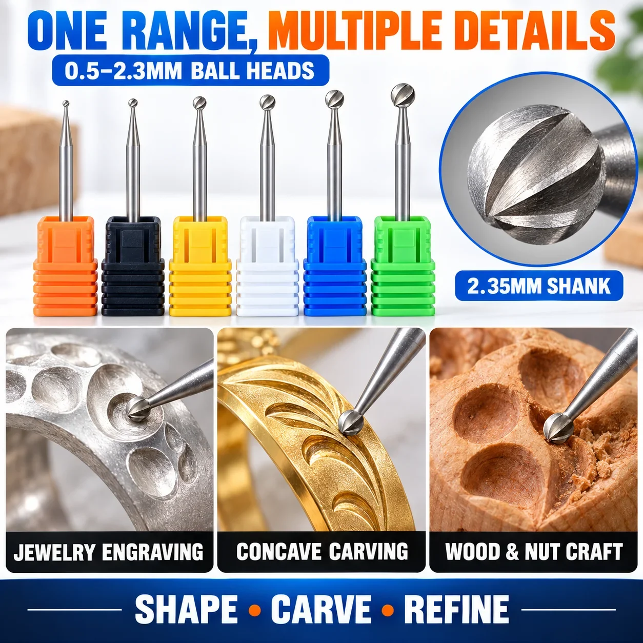 Tungsten Steel Ball Burr Set 0.5-2.3mm 2.35mm Shank for Jewelry Engraving - Durable Precision Carving Drill Bits for DIY Crafts