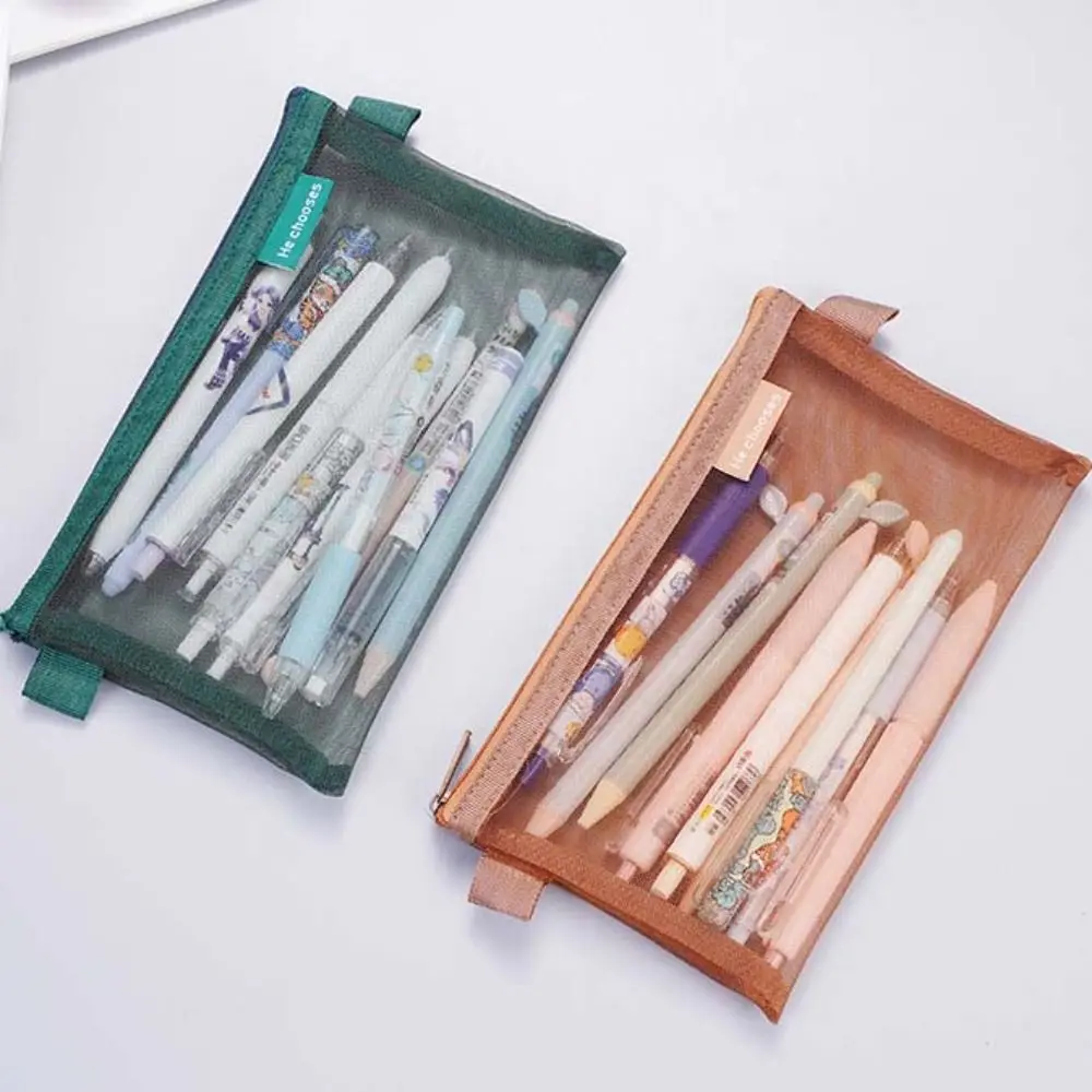 Nylon Mesh Pencil Case Retro Color Large Capacity Transparent Bills Bag Bills Bag Organizer Case Zipper Stationery Bag