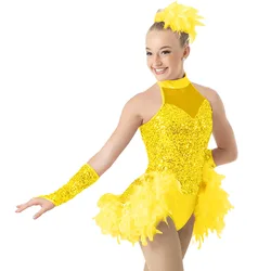 Feather Hem Dance Dress for Girl Women Sequins Ballroom Stage Costume Competition Performance Dynamic Dance Apparel Jazz Wear