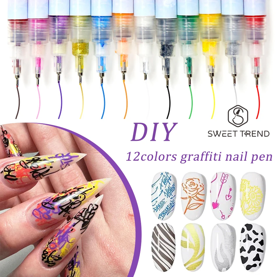 

12 Color Nail Art Graffiti Pen Set 0.5mm Nail Marker Drawing Acrylic Paint Pens Abstract Lines Fine Pattern DIY Manicure Tools