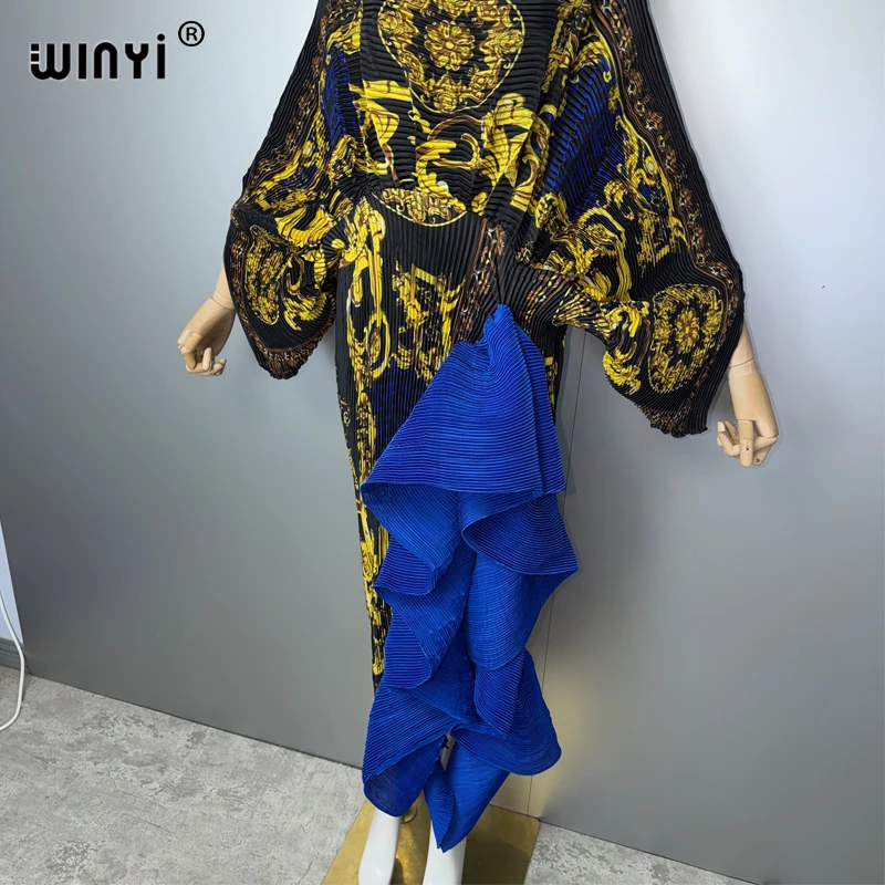WINYI summer Women's Pleated Slim Dress with Puff Sleeves Beach Cover up Muslim Kaftan Abaya Dubai Luxury Long Evening Dress