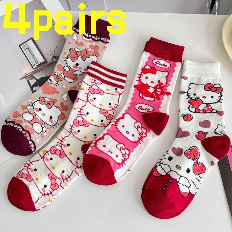 4 أزواج من جوارب HelloKitty المضادة للانزلاق، جوارب بيلاتيس للياقة البدنية والمشي لمسافات طويلة، جوارب للدراجة، جوارب نسائية، جوارب يوجا للرقص
