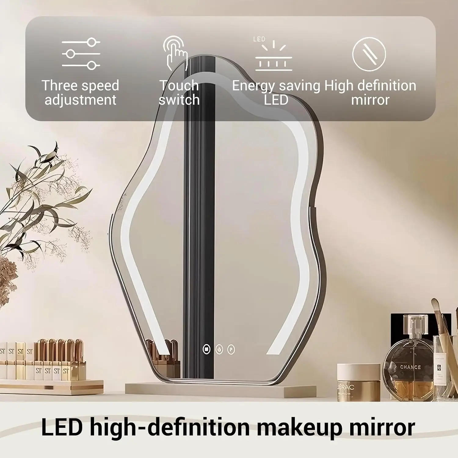 Black Vanity Table for Dressing Room, Modern Makeup Vanity Desk Includes Smart LED Mirror, Tempered Glass Desktop and Storage Si