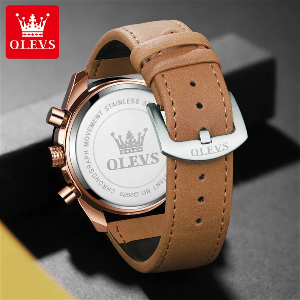 OLEVS Brand Fashion Moon Phases Chronograph Quartz Watch for Men Leather Waterproof Luminous Date Mens Watches Relogio Masculino