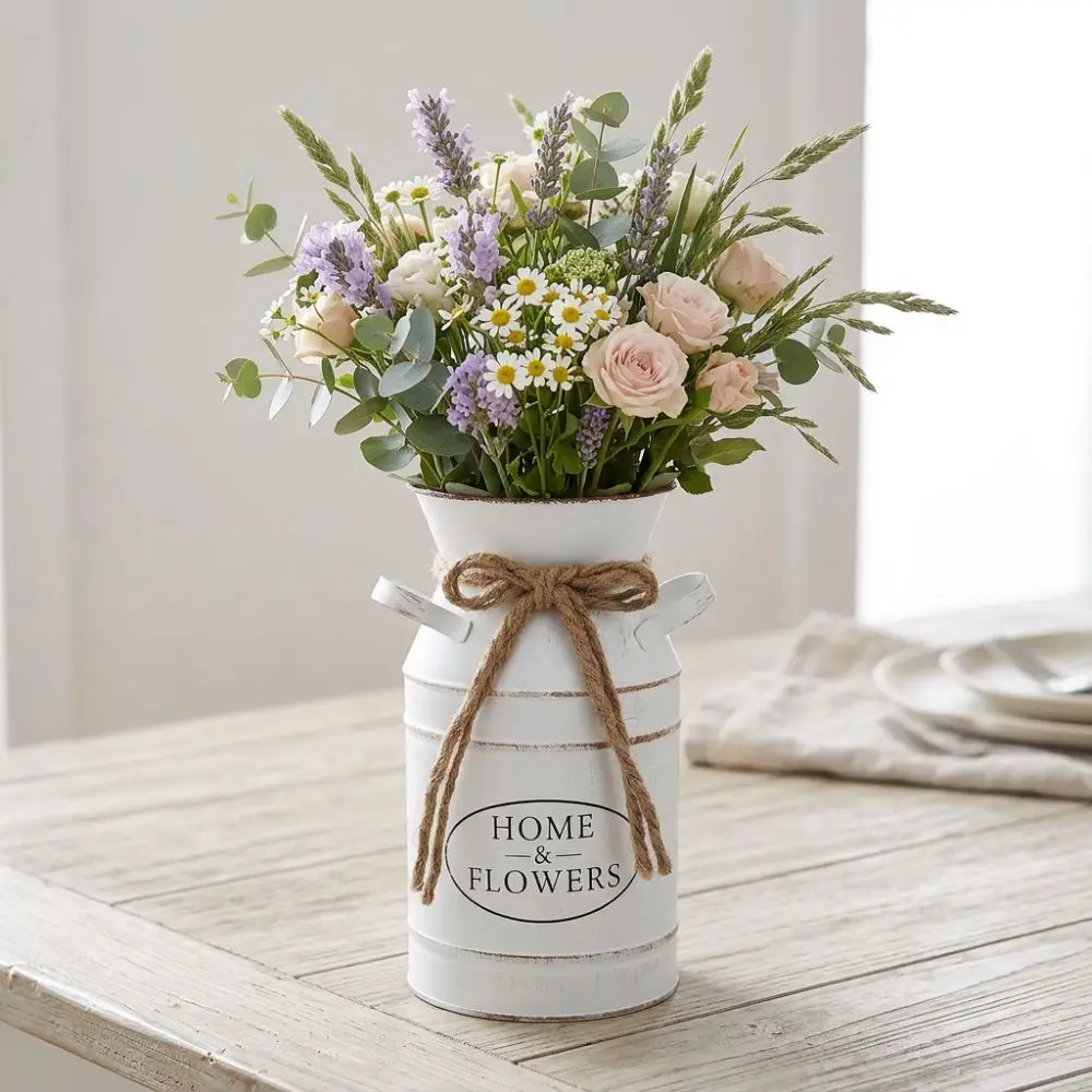 Elegant Rustic Style Farmhouse Vintage Vase Galvanized Iron Two Side Handle Flower Bucket Decorative Flowerpot Living Room