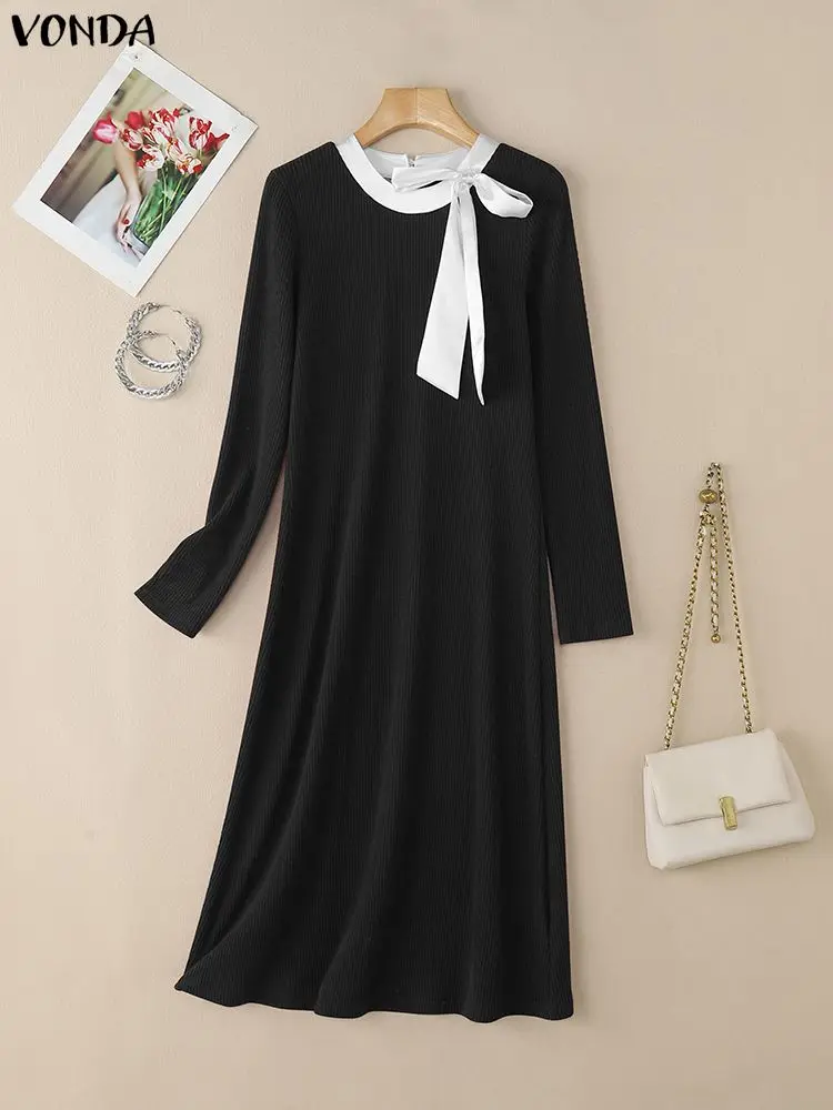 VONDA Women Elegant Party Dresses O-Neck Bow Knitted Sweater Vestidos 2025 Autumn Patchwork Long Sleeve Knitwear Long Shirt Robe