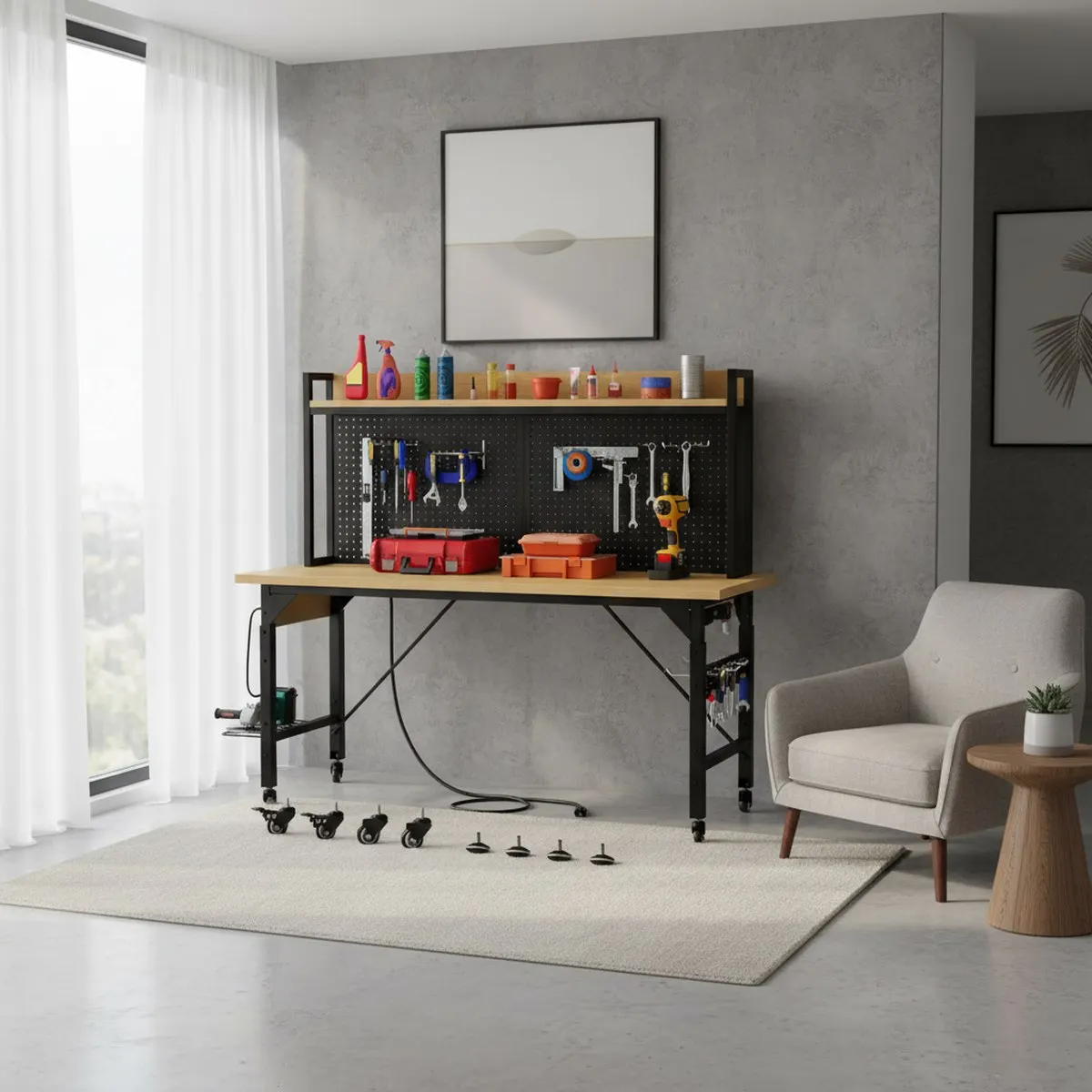 Adjustable Heavy Duty Workbench 60in Wood Top Rolling Utility Table for Garage Workshop Home