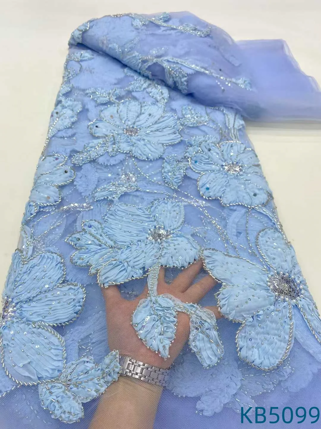 

Sequin Lace Fabric White Beaded Fabric African Lace Fabric 5 Yards High Quality 2025 3D Flower Beaded Lace For Sewing KB5099