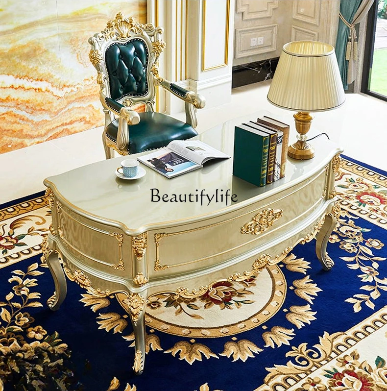 European desk American villa study solid wood carving flower painted gold computer desk writing desk