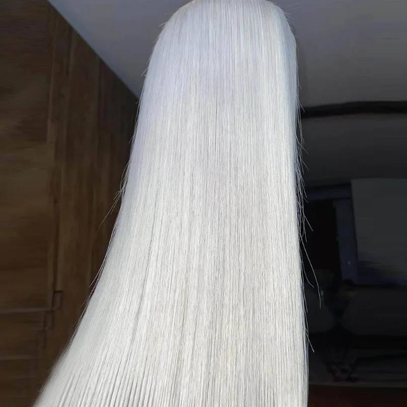 Perruque Lace Front Wig soyeuse sans colle pour femme, cheveux lisses et doux, couleur blanche, 26 pouces de long, densité 200%, pré-plumée