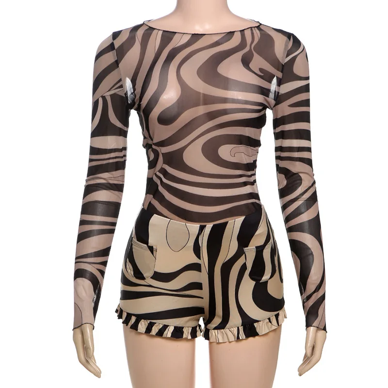 Striped Print Women Sexy 2 Piece Set See Through Mesh Long Sleeve Tops + Ruffles Shorts Holiday Outfits Clubwear Suit Streetwear