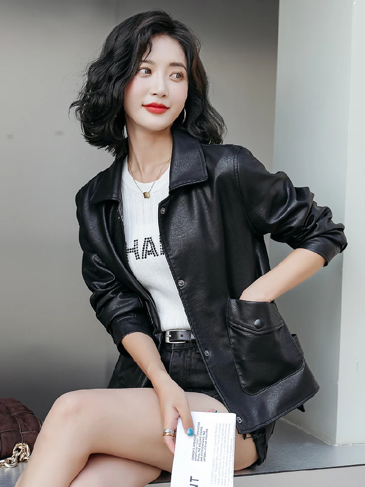   Giacca da donna in vera pelle Ning, stile casual, vestibilità ampia, in pelle di pecora, modello slimming, stile biker, per primavera e autunno, nuovo arrivo