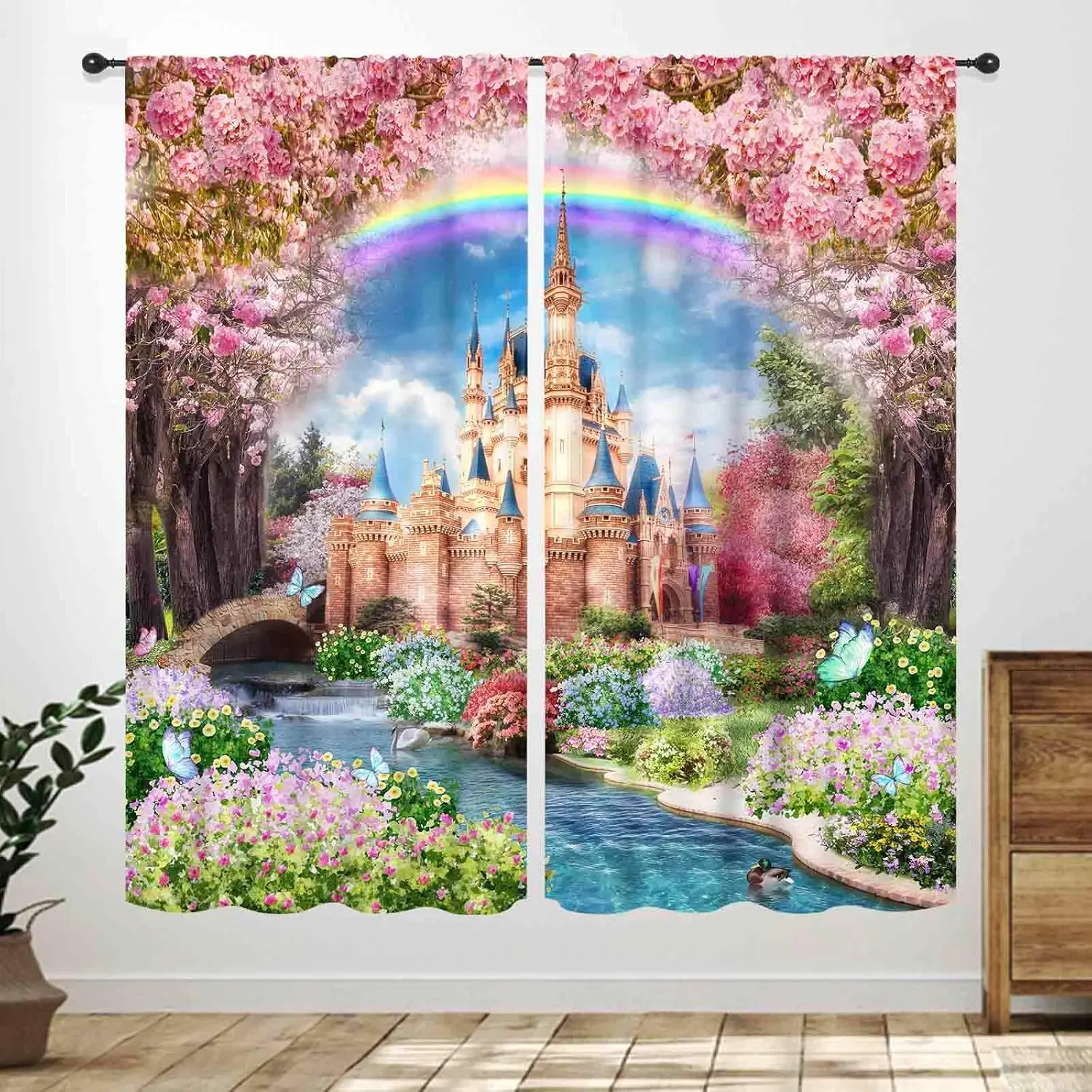 Castle Curtains for Girls Room,Fantasy Magic Castle Pink Cherry Floral Rainbow Window Treatments for Kids Girls Bedroom Living