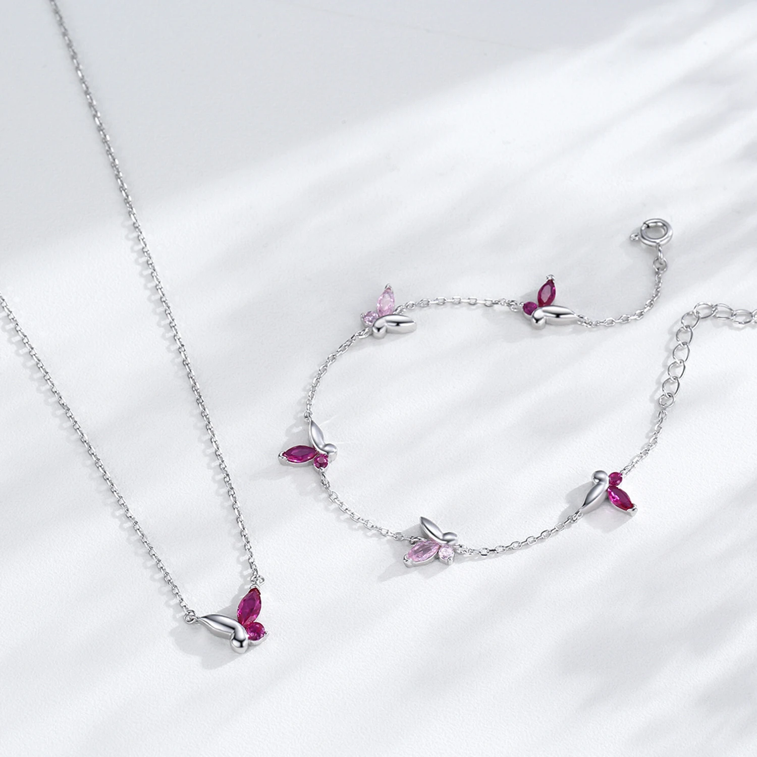 Ailmay Pink Butterfly Bracelet Necklace 925 Sterling Silver Jewelry Set For Women Romantic Wedding Jewelry