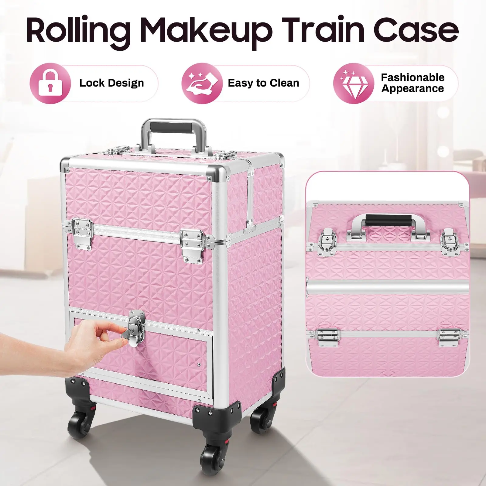 Aluminum Rolling Makeup Train Case, Cosmetic Trolley Makeup Case with Drawer Nail Polish Case W/4 Removable Wheels Storage Organ