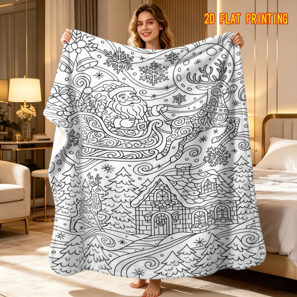 1pc Hand‑Painted Stress‑Relief Christmas Sleigh Paint‑by‑Number Throw Blanket, Black‑White Intricate Line‑Art with Santa