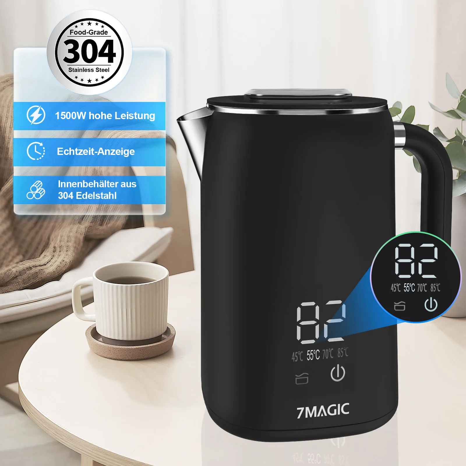 غلاية ستانلس ستيل مع ضبط درجة الحرارة (40 ° ج 100 ° ج) غلاية شاي 1.7 لتر تحافظ على الدفء، شاشة LED مع درجة الحرارة