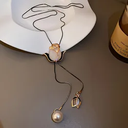 New Cat's Eye Tulip Sweater Chain Versatile Fashionable and Luxury Long Necklace Women's Festival Party Jewelry Accessories