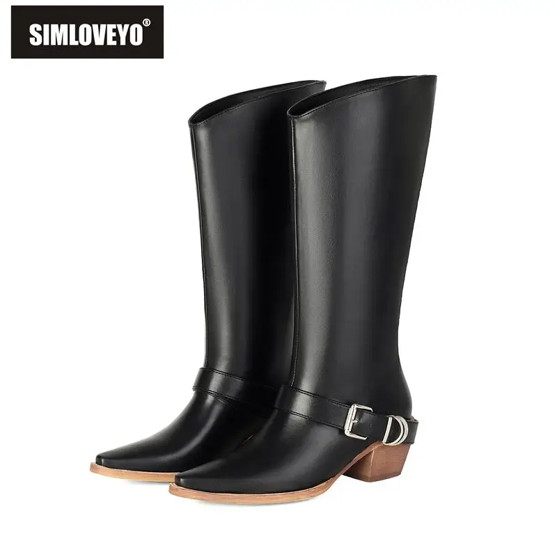 SIMLOVEYO Female Black Tall Riding Boots Pointy Toe 6cm Sturdy Heel Pull On Strap Clasp Extended Size 46 47 48 US17 Vintage