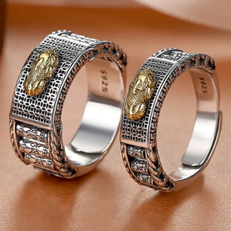 Revolving cylinder S925 Sterling Silver Pixiu ring for Men and Women Six-character Mantra Heart Sutra Couple Ring Jewelry