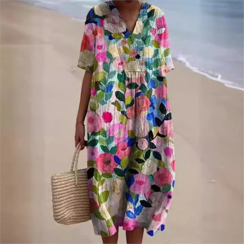 Women Retro Geometry Circle Print Long Dress Spring Single Breasted Lapel Shirt Dress Summer Puff Short Sleeve A-Line Boho Dress