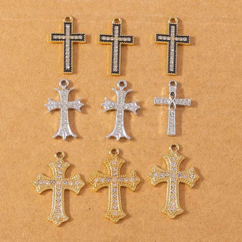 10 Uds. De diamantes de imitación de cristal, dijes de cruz religiosa, colgantes para collar, pendientes, suministros de accesorios para hacer joyería DIY