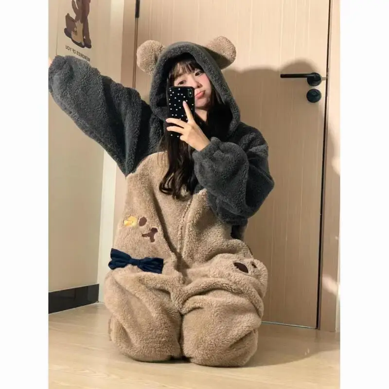 Girl Conjoined Pajamas Winter Cartoon Fleece-Lined Thicken New Nightwear Flannel Keep Warm Sleepwear Little Bear Hooded Homewear