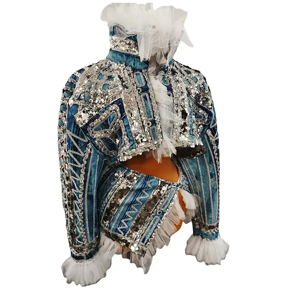 Women Two Pieces Show Denim Jacket Shining Sequins White Gauze Sexy Stage Singer Costumes