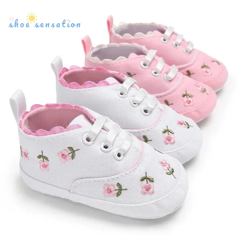 

Meckior Newborn Baby Girl Casual Canvas Shoes Flower Cotton Sole Non-slip Baby Shoes Female Infant First Walkers Crib Shoes