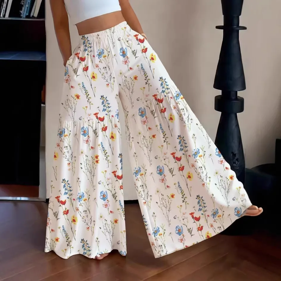 2026 Summer Floral Pants Women's High Waist Loose Thin Wide Leg Skinny Versatile Straight Pants