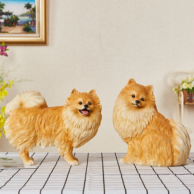 Resin Handicraft Artificial Animal Sculpture Cartoon Dog Pomeranian Resin Decorative Figurines Home Decoration Accessories