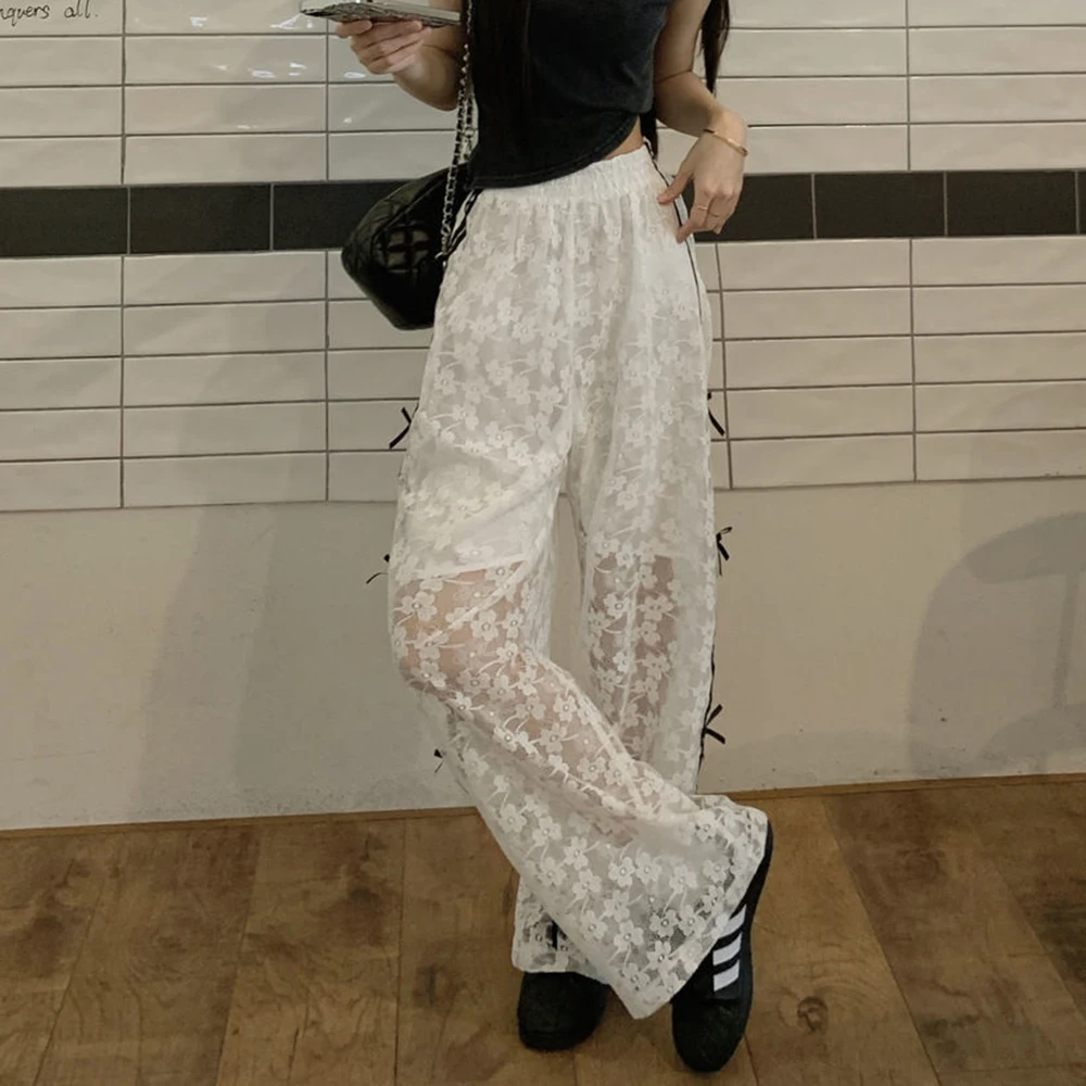 Bow lace white casual pants women's summer thin design sense hollow high waist thin straight trousers