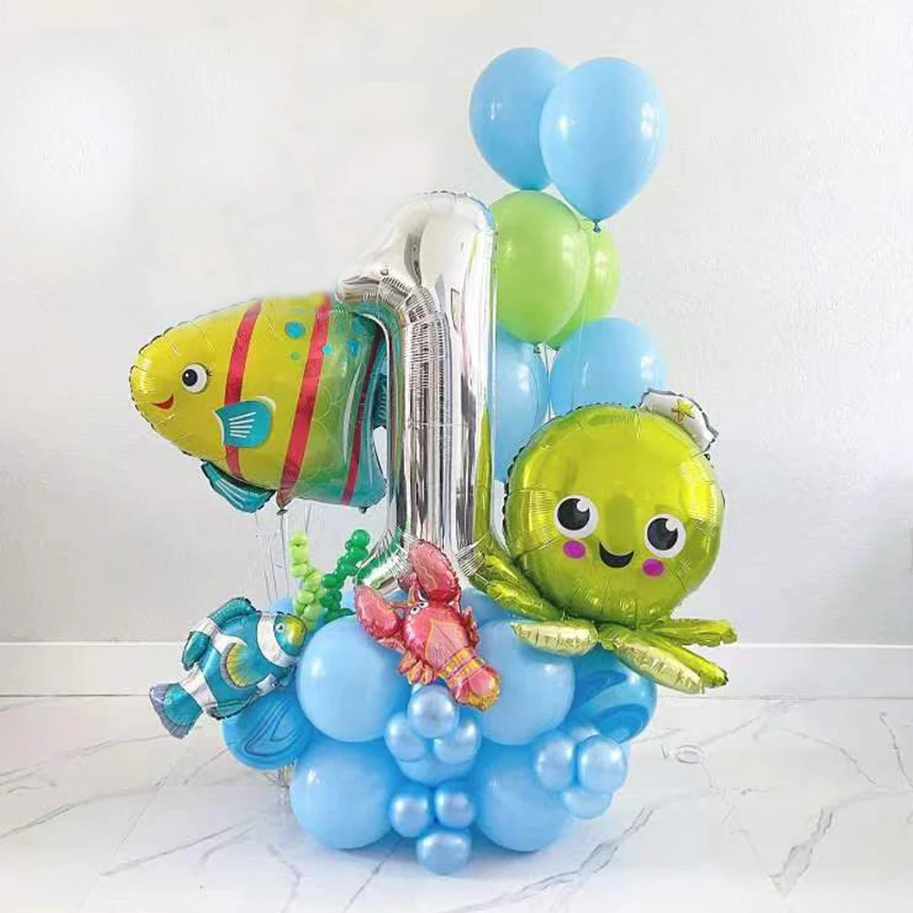 

28pcs Ocean Theme Balloon Set 30 Inch 0-9 Number Foil Balloons Under The Sea Birthday Party Decorations Baby Shower Supplies