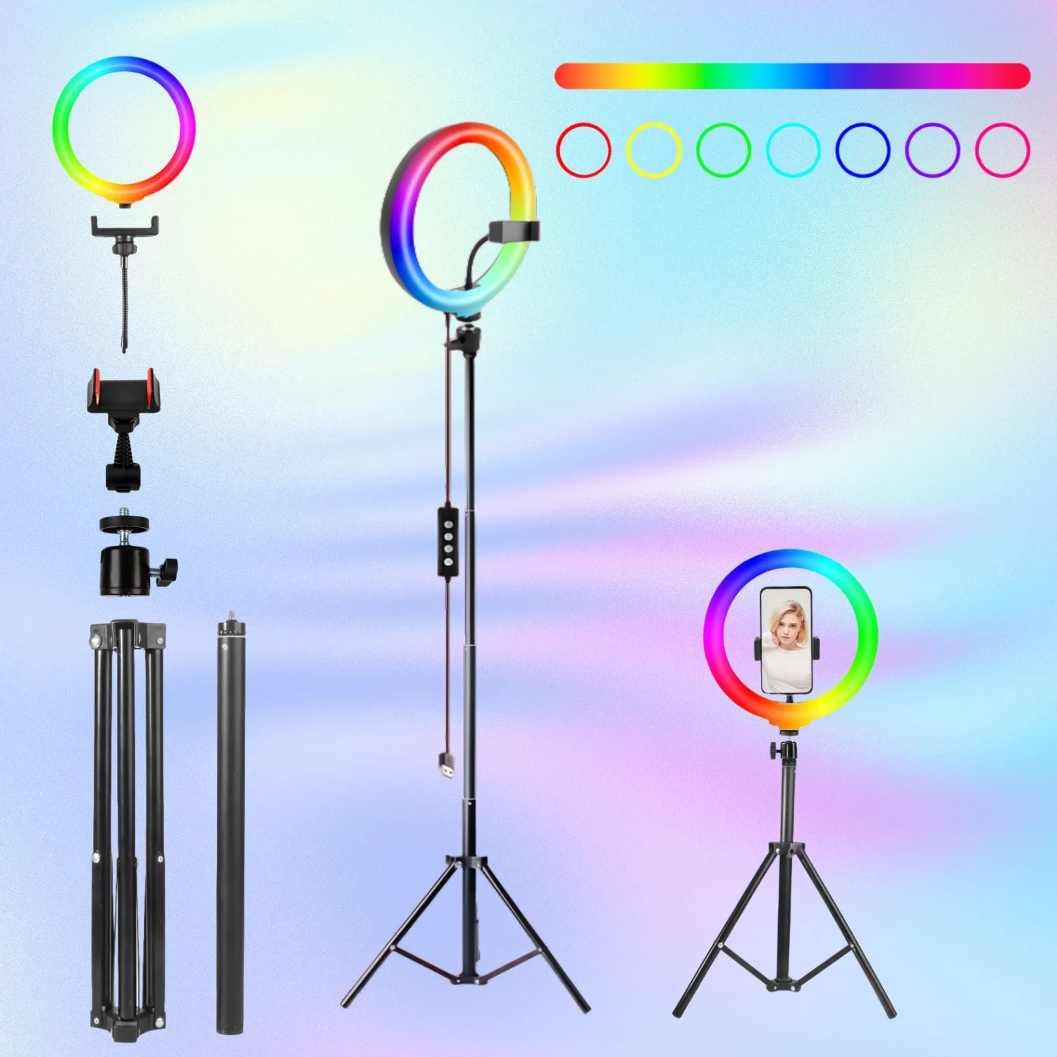 

63-дюймовый расширяемый штатив с 10-дюймовой регулируемой кольцевой подсветкой RGB, палкой для селфи 160 см и двойной подставкой для телефона — идеально подходит для стреми