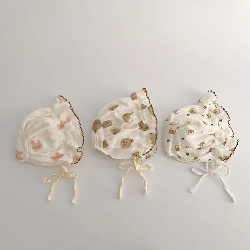 Ruffle Brim Newborn Sunshade Cap Summer Thin Cotton Print Palace Hat 1-3Year Kids Headwear Bonnet Princess Baby Lace-up Beanies