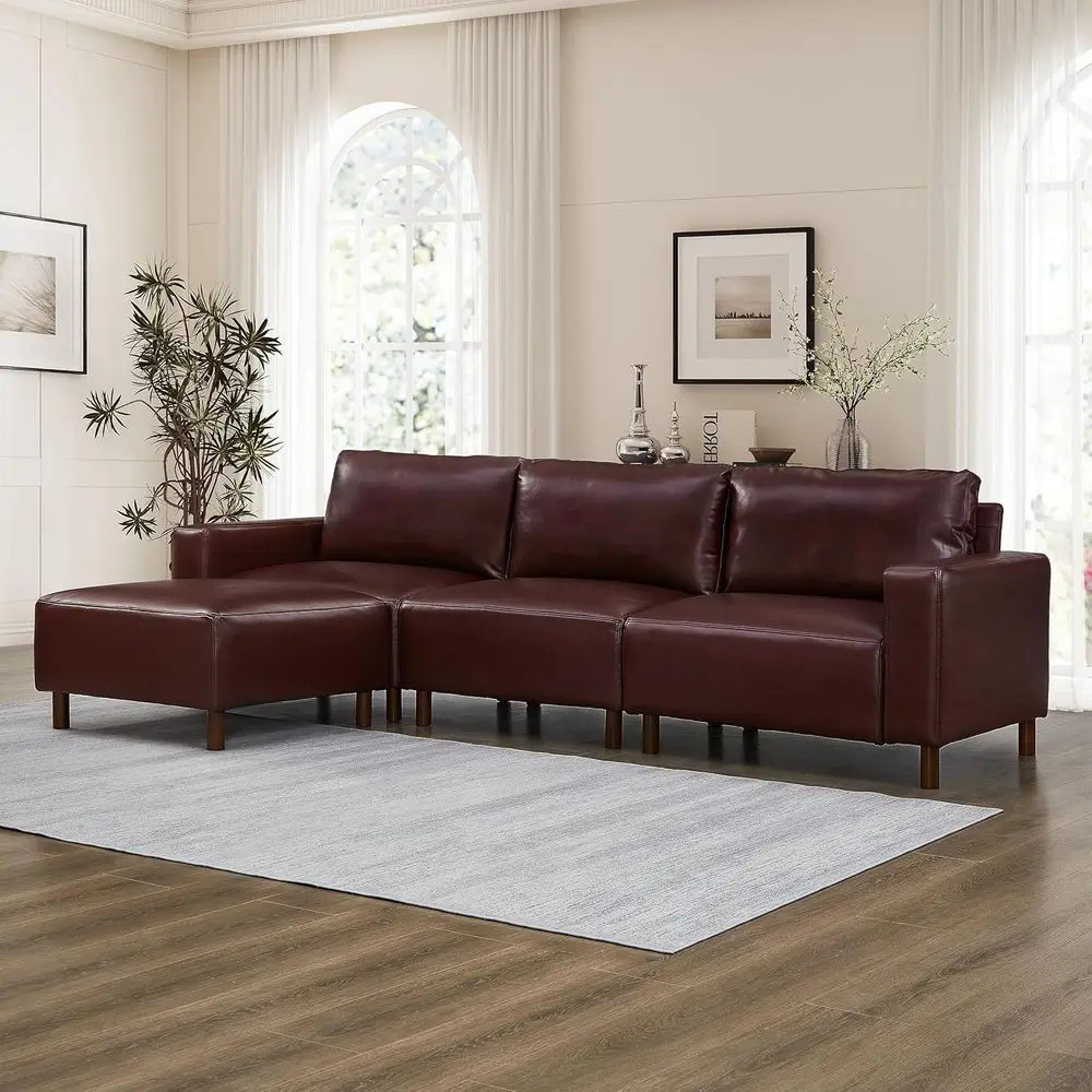 

112 Modern Leather L-Shaped Sectional Sofa with Ottoman, Comfortable PU Upholstered Couch for Living Room or Office, Easy Assemb