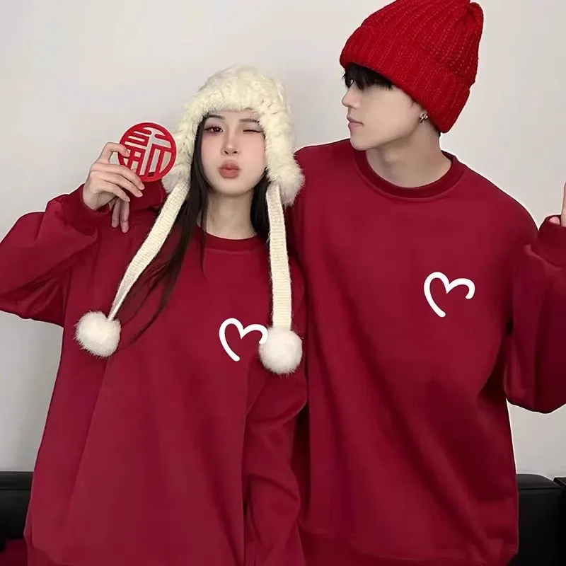 سترة بغطاء للرأس للرجال مقاس كبير باللون الأحمر مستديرة Ne Fce مبطنة بالبروج الصينية سنة 2025 بلوزة دافئة للزوجين عبر العام